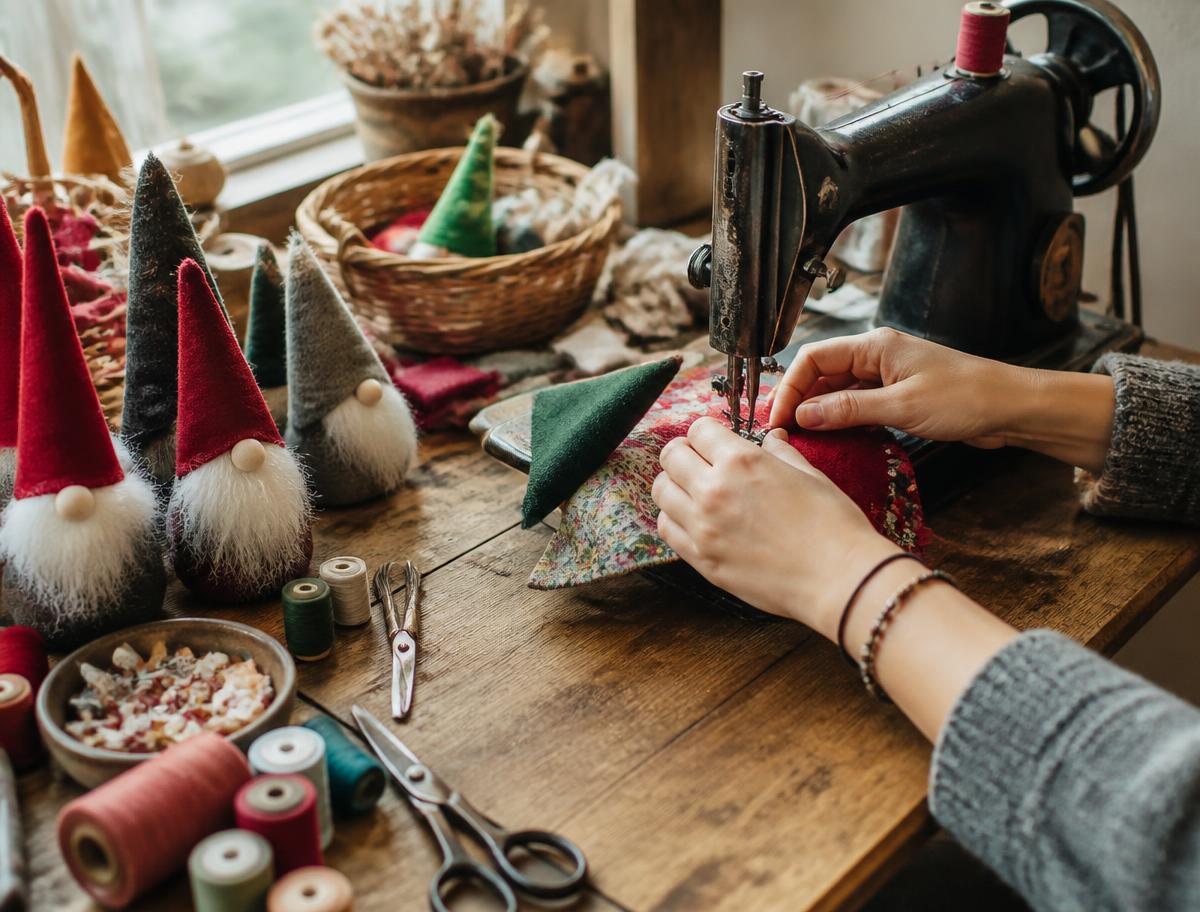 Hands sewing colorful fabric gnomes at a vintage sewing machine